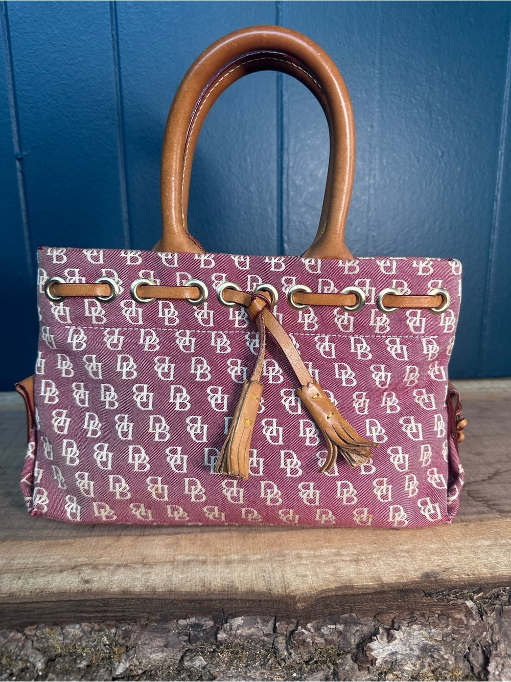 Vintage Dooney & Bourke Mini Tassel Tote Burgundy DB Monogram Y2K Bag